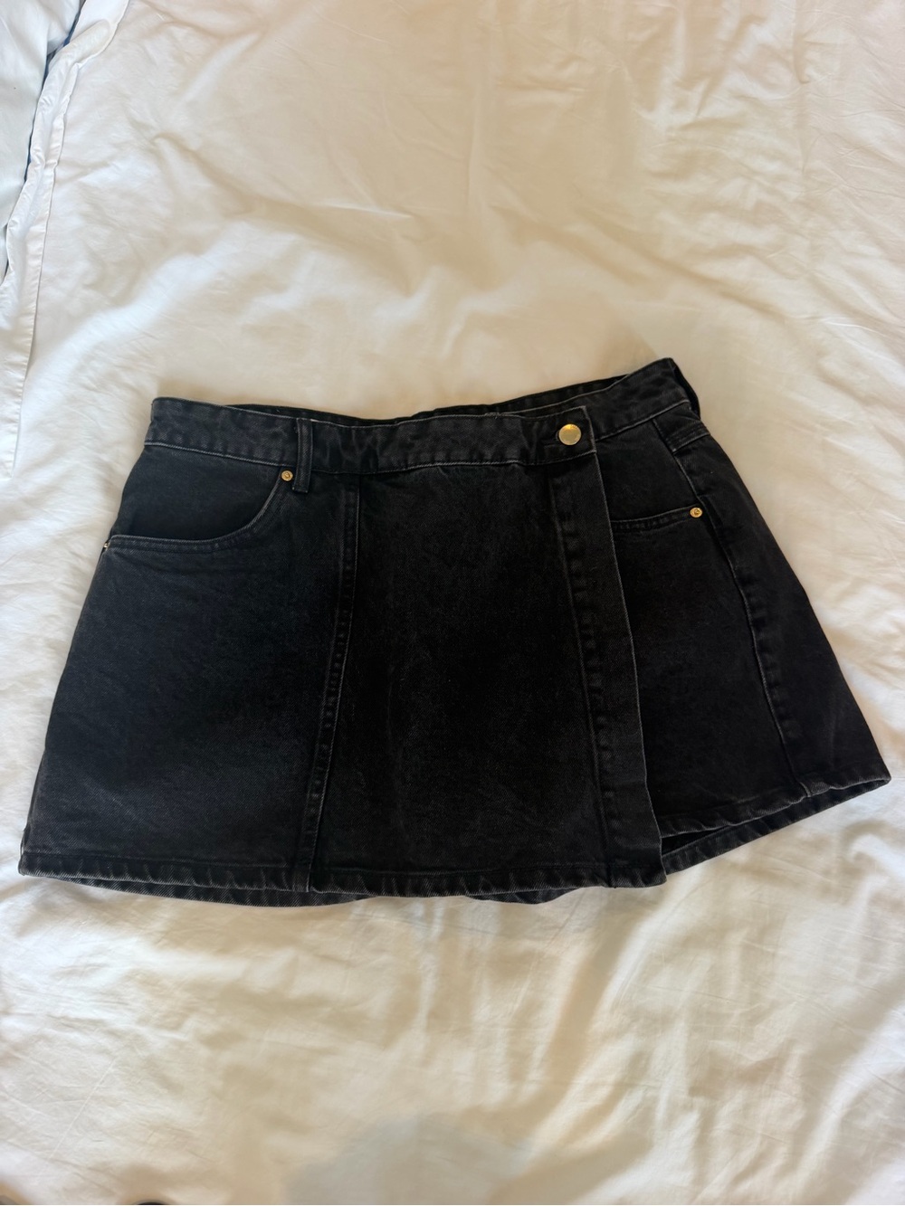 Zara Black Denim Wrap-Style Mini Skirt with Gold Details